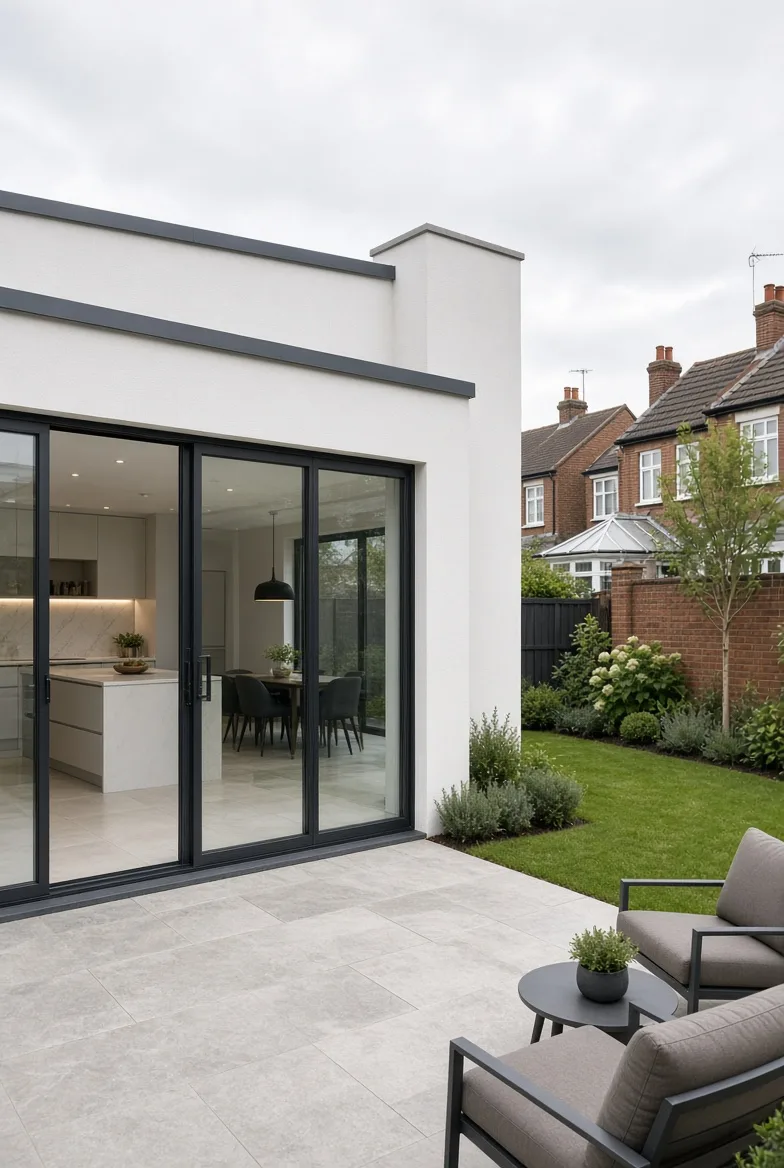 A modern rear extension with sliding glass doors by KTCS Construction