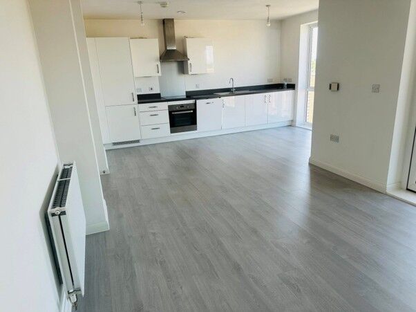 Grey wood-effect flooring laid through an open-plan kitchen and living area