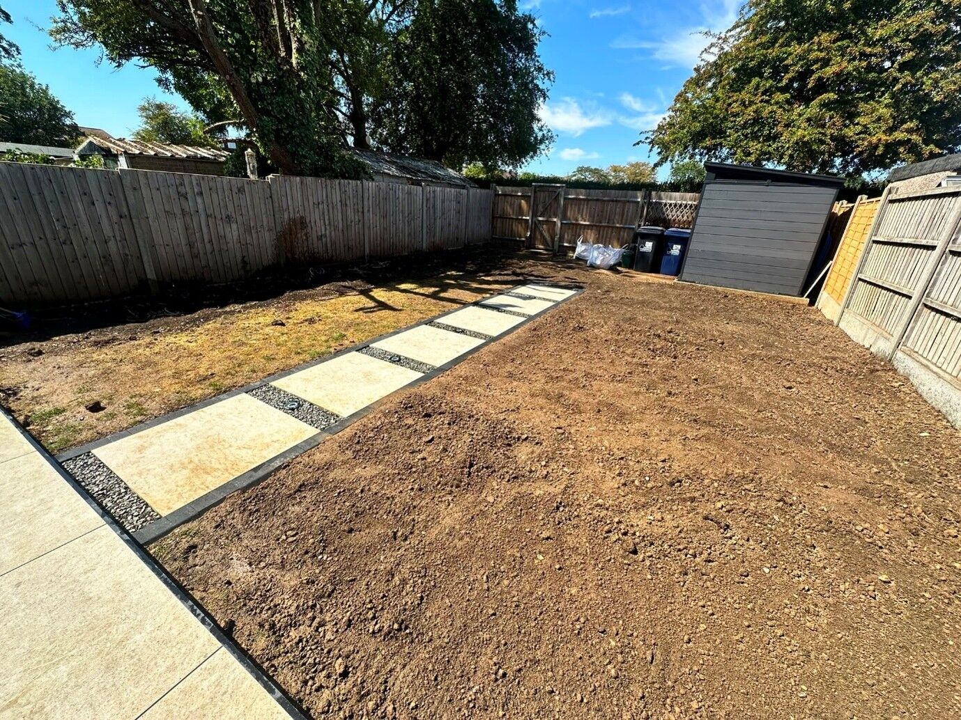 Garden levelled for new turf, with a porcelain stepping-stone path along the side