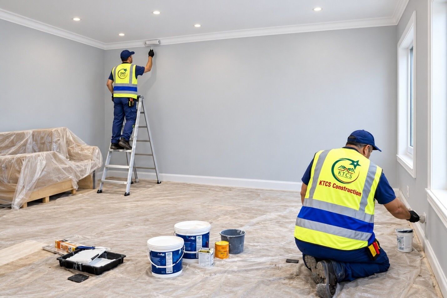Two KTCS decorators painting a room with dust sheets laid down