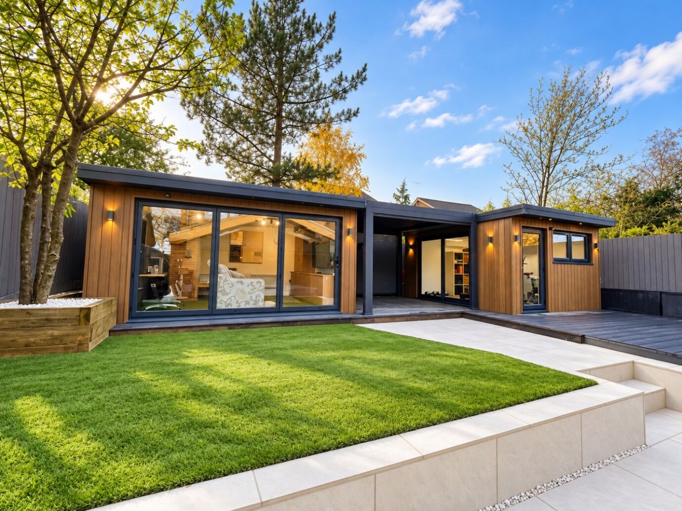 Edgware HA8 garden room and covered terrace seen across the lawn, raised planter and stepped patio